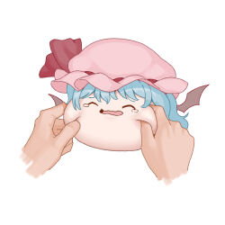 Rule 34 | 1girl, absurdres, bat wings, cheek pinching, closed eyes, commentary request, disembodied limb, hat, highres, mob cap, pinching, remilia scarlet, tears, touhou, wavy mouth, wings, youpofen, yukkuri shiteitte ne