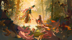 Rule 34 | 1boy, 1girl, abe no seimei (onmyoji), autumn, autumn leaves, barefoot, beads, black hair, falling leaves, forest, hair ornament, hand focus, hat, highres, japanese clothes, kariginu, kijo momiji, kimono, leaf, long hair, long sleeves, looking at another, looking down, looking up, maple leaf, nature, official art, ofuda, onmyoji, onmyouji, outdoors, prayer beads, sitting, standing, tate eboshi, tree, very long hair, white hair, wide sleeves