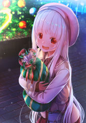 Rule 34 | 1girl, :d, aiuabo, albino, bag, blush, child, christmas, christmas tree, coat, gift, hat, highres, holding, holding bag, holding gift, long hair, long sleeves, looking at viewer, nail polish, open mouth, original, outdoors, plaid, plaid skirt, red eyes, red skirt, shoulder bag, sidelocks, skirt, smile, solo, standing, white hair, winter clothes, winter coat