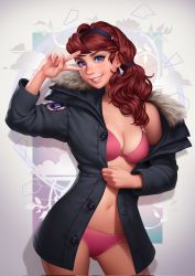 Rule 34 | 1girl, bikini, bikini under clothes, black coat, black hairband, breasts, brown hair, canada goose, carolynne d&#039;azur, coat, commentary, contrapposto, earrings, english commentary, fingernails, freckles, fur collar, gluteal fold, grin, hair over shoulder, hairband, highres, jewelry, lipgloss, lips, looking at viewer, medium breasts, medium hair, navel, nose, open clothes, open coat, original, pink bikini, pinup (style), purple eyes, simple background, smile, solo, standing, swimsuit, thick eyebrows, tsuaii, v over eye, wavy hair, white background, winter clothes, winter coat