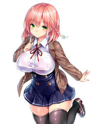 Rule 34 | 1girl, blazer, blush, bow, bra, braid, breasts, curvy, green eyes, hair bow, highres, huge breasts, jacket, large breasts, loafers, looking at viewer, original, pink hair, school uniform, see-through, shiny clothes, shoes, skirt, smile, solo, standing, thighhighs, tsukumiya amane, underwear, white background, wide hips, zettai ryouiki