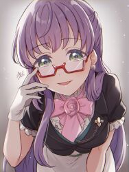 Rule 34 | 1girl, adjusting eyewear, bespectacled, black jacket, bow, bowtie, breasts, check commentary, commentary request, earrings, frilled shirt, frills, glasses, gloves, gradient background, green eyes, grey background, hair over shoulder, half updo, highres, jacket, jewelry, kyaku tasu, lapel pin, lapels, leaning forward, link! like! love live!, long hair, looking at viewer, love live!, medium breasts, official alternate costume, open mouth, otomune kozue, pink bow, pink bowtie, purple hair, red-framed eyewear, semi-rimless eyewear, shirt, short sleeves, signature, skirt, smile, solo, under-rim eyewear, white background, white gloves, white shirt, white skirt