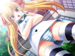 Rule 34 | 1girl, angry, black thighhighs, blonde hair, blue panties, blush, bow, cameltoe, crossed arms, dress, dutch angle, emily (pure dream), fang, from below, hair bow, kitahanada reika, long hair, mind puppet, open mouth, panties, red eyes, short dress, skirt, solo, striped clothes, striped panties, striped thighhighs, thighhighs, twintails, underwear, upskirt, white dress, white skirt