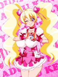 Rule 34 | 00s, 1girl, ;), blonde hair, breasts, choker, corset, cure peach, dot (poni taoyaka), eyelashes, fresh precure!, hair ornament, heart, heart hair ornament, heart hands, highres, large breasts, long hair, magical girl, momozono love, one eye closed, pink background, pink eyes, precure, skirt, smile, solo, twintails, wink, wrist cuffs