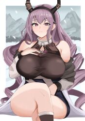 Rule 34 | 1girl, arknights, black hairband, black shirt, blush, breasts, chest strap, closed mouth, commentary, crossed legs, drill hair, fake horns, feet out of frame, framed breasts, grey jacket, hairband, hand on own chest, highres, horn hairband, horns, jacket, large breasts, long hair, looking at viewer, mountain, o-ring, off shoulder, open clothes, open jacket, purple eyes, purple hair, shirt, sitting, sleeveless, sleeveless shirt, snowing, solo, tenten (1010haka), typhon (arknights), very long hair