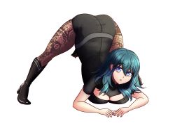 Rule 34 | 1girl, absurdres, ass, blue eyes, boots, breast press, breasts, byleth (female) (fire emblem), byleth (fire emblem), fire emblem, fire emblem: three houses, green hair, high heel boots, high heels, highres, jack-o&#039; challenge, large breasts, long hair, looking at viewer, nintendo, pantyhose, parted lips, short shorts, shorts, solo, top-down bottom-up, willanator93