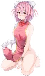 Rule 34 | 1girl, bandages, bandaged arm, bandages, bare shoulders, barefoot, blush, breasts, bun cover, colorized, cuffs, double bun, flower, full-face blush, full body, ibaraki kasen, kneeling, looking at viewer, medium breasts, naked tabard, pink hair, red eyes, rose, short hair, sideboob, simple background, sketch, solo, tabard, touhou, white background, wowoguni