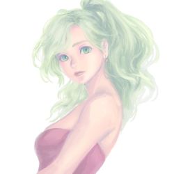 Rule 34 | 1girl, bare shoulders, earrings, final fantasy, final fantasy vi, green eyes, green hair, jewelry, lips, long hair, nose, ponytail, red lips, simple background, solo, strapless, tina branford, upper body, wavy hair, white background, yuccoshi