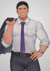 Rule 34 | 1boy, :d, artist name, bara, belt, black hair, black jacket, black pants, bulge, commentary request, contrapposto, cowboy shot, dress shirt, facial hair, formal, goatee, goatee stubble, grin, hand on own hip, hand up, highres, holding, holding clothes, holding jacket, jacket, jacket over shoulder, long sleeves, looking at viewer, male focus, muscular, muscular male, necktie, open mouth, pants, purple necktie, senpai ga uzai kouhai no hanashi, shirt, short hair, signature, simple background, sleeves rolled up, smile, solo, spiked hair, standing, stubble, takeda harumi (shiromanta), taut clothes, taut pants, thick eyebrows, twitter username, uhai, unworn jacket, variant set, watch, white shirt, wristwatch