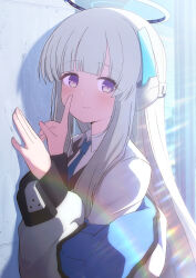 Rule 34 | 1girl, blue archive, blue necktie, blush, closed mouth, collared shirt, grey hair, halo, highres, index finger raised, jacket, kaine (gupisgood), long hair, long sleeves, looking at viewer, mechanical halo, necktie, noa (blue archive), purple eyes, shirt, smile, solo, upper body, white jacket, white shirt, window
