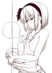 Rule 34 | 1girl, bare arms, bare shoulders, collarbone, commentary request, greyscale, hair ribbon, hairband, hitodama, konpaku youmu, konpaku youmu (ghost), monochrome, nori tamago, ribbon, short hair, sidelocks, simple background, sketch, solo, tank top, touhou, wet, wet clothes, white background, unfinished