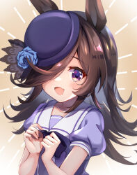 Rule 34 | 1girl, :d, animal ears, blue flower, blue hat, blue rose, bow, brown background, brown hair, commentary request, flower, hair over one eye, hands up, hat, hat flower, highres, horse ears, long hair, looking at viewer, meyamu, open mouth, puffy short sleeves, puffy sleeves, purple bow, purple shirt, rice shower (umamusume), rose, school uniform, shirt, short sleeves, smile, solo, tilted headwear, tracen school uniform, umamusume, upper body