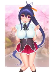 Rule 34 | 1girl, absurdres, blue hair, blush, breasts, commentary, english commentary, hair between eyes, hair ribbon, high school dxd, highres, himejima akeno, kuoh academy school uniform, large breasts, long hair, looking at viewer, open mouth, ponytail, purple eyes, ribbon, school uniform, skirt, smile, socks, solo, standing, very long hair, wlper