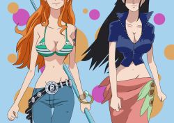 Rule 34 | 2girls, bare shoulders, bikini, bikini top only, breasts, brown eyes, cleavage, cleavage cutout, clothing cutout, denim, dress, groin, head out of frame, jeans, large breasts, long hair, multiple girls, nami (one piece), navel, nico robin, one piece, orange hair, pants, persian7, smile, staff, swimsuit