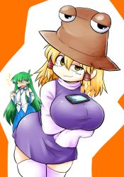 Rule 34 | &gt;:3, ^^^, 2girls, :3, alternate breast size, antenna hair, bare shoulders, blonde hair, breasts, cellphone, commentary, curvy, d:, detached sleeves, dress, dropping, green hair, hair tubes, hands in opposite sleeves, hat, huge breasts, kochiya sanae, long hair, long skirt, looking at viewer, medium breasts, moriya suwako, multiple girls, nazotyu, no eyes, open mouth, phone, plump, short dress, short hair, sidelocks, skirt, sleeves past wrists, smartphone, smirk, smug, sweat, tawawa challenge, thick thighs, thighhighs, thighs, touhou, turtleneck, uneven eyes, v-shaped eyebrows, very long hair, wavy mouth, white legwear, wide hips, yellow eyes, zettai ryouiki