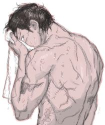 Rule 34 | 1boy, absurdres, back, back focus, black hair, brown eyes, fingernails, from behind, golden kamuy, halftone, highres, holding, holding towel, looking back, male focus, no.6 (numberr 6), nude, scar, short hair, simple background, solo, sugimoto saichi, towel, upper body, water drop, wet, wet hair, white background, wiping face