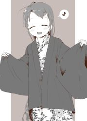 Rule 34 | 1girl, bath yukata, closed eyes, commentary request, cowboy shot, eighth note, floral print, greyscale, haori, japanese clothes, kantai collection, kimono, long hair, mae (maesanpicture), monochrome, musical note, outstretched arms, samidare (kancolle), solo, spoken musical note, swept bangs, yukata