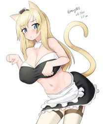 Rule 34 | 1girl, absurdres, alternate costume, animal ears, apron, bandeau, black bandeau, black skirt, blonde hair, blue eyes, breasts, cat ears, cat tail, cleavage, crop top, crown, dated, detached sleeves, frilled skirt, frills, garter straps, highres, kantai collection, large breasts, leaning forward, long hair, maru (marg0613), midriff, mini crown, navel, one-hour drawing challenge, pencil skirt, pleated skirt, simple background, skirt, solo, tail, thighhighs, twitter username, waist apron, warspite (kancolle), white apron, white background, white thighhighs