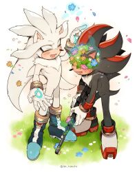 Rule 34 | 2boys, animal ears, artist name, black fur, blue flower, blue footwear, blush, closed eyes, covered eyes, flower, furry, furry male, gloves, grass, highres, multiple boys, open mouth, pink flower, red footwear, red fur, shadow the hedgehog, shoes, silver the hedgehog, sk rokuro, sonic (series), tail, two-tone footwear, two-tone fur, white background, white footwear, white fur, white gloves