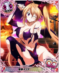 Rule 34 | 1girl, blonde hair, breasts, card (medium), chess piece, cleavage, hair between eyes, high school dxd, high school dxd infinity, large breasts, navel, purple eyes, rook (chess), shidou irina, solo, tagme, torn clothes, twintails