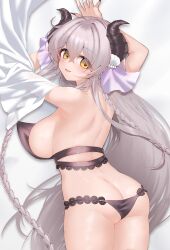 :o armpits arms_up ass barefoot bikini black_bikini black_horns breasts commentary_request cropped dakimakura_(medium) demon_horns grey_hair hair_ornament highres horns kneepits light_blush long_hair looking_at_viewer lying n4gare_b0shi nail_polish on_side open_mouth sasha_(twinkle_star_knights) swimsuit twinkle_star_knights upper_body yellow_eyes