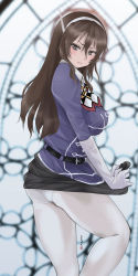 Rule 34 | 1girl, absurdres, ashigara (kancolle), belt, black pantyhose, blush, breasts, brown hair, cloritin, closed mouth, elbow gloves, frown, gloves, hair between eyes, heart, heart-shaped pupils, highres, jacket, kantai collection, large breasts, long hair, miniskirt, panties, panties under pantyhose, pantyhose, purple jacket, skirt, solo, standing, symbol-shaped pupils, thighs, underwear, white gloves, white panties, white pantyhose