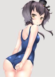 Rule 34 | 1girl, adjusting clothes, adjusting swimsuit, ass, back, black hair, blush, breasts, brown eyes, gradient hair, grey background, hat, highres, kantai collection, looking at viewer, looking back, mini hat, multicolored hair, nendoroya, school swimsuit, short hair, short hair with long locks, small breasts, solo, swimsuit, tokitsukaze (kancolle)