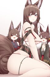 Rule 34 | 3girls, = =, absurdres, aged down, akagi-chan (azur lane), amagi-chan (azur lane), amagi (azur lane), animal ear fluff, animal ears, arm strap, azur lane, bare arms, bare legs, bare shoulders, black kimono, blush, breasts, brown tail, choker, closed eyes, closed mouth, commentary, dual persona, fox ears, hair ornament, hand on another&#039;s head, hand up, highres, japanese clothes, kimono, kitsune, kyuubi, large breasts, long hair, looking back, multiple girls, multiple tails, on floor, open mouth, purple eyes, purple shirt, red kimono, samip, shirt, short hair, sideboob, sideways glance, simple background, sitting, smile, tail, teeth, thigh strap, upper teeth only, very long hair, white background