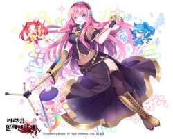 Rule 34 | 1girl, ;d, black skirt, black thighhighs, blue eyes, breasts, chocho (homelessfox), earrings, floating hair, full body, holding, holding microphone, jewelry, long hair, medium breasts, megurine luka, microphone, microphone stand, midriff, navel, one eye closed, open mouth, pink hair, see-through, shiny skin, short sleeves, sideboob, skirt, smile, solo, stomach, thighhighs, very long hair, vocaloid