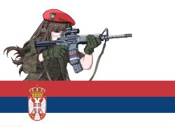 Rule 34 | absurdres, aiming, assault rifle, beret, brown hair, camouflage, ear protection, girls&#039; frontline, gloves, green gloves, gun, hat, highres, lzbt kpv, m4 carbine, m4a1 (girls&#039; frontline), red headwear, rifle, safety glasses, scope, serbia, serbian flag, strap, weapon
