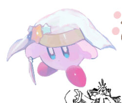 Rule 34 | :o, blue eyes, coif, colored skin, commentary request, copy ability, dagger, hat ornament, holding, holding dagger, holding knife, holding weapon, kananishi, kirby, kirby (series), knife, light blush, lowres, nintendo, no humans, parted lips, pink skin, red footwear, simple background, solo, star (symbol), star hat ornament, weapon, white background, white veil