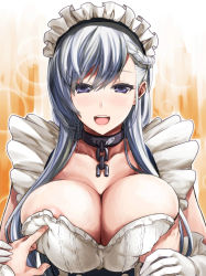 Rule 34 | 1girl, areola slip, azur lane, belfast (azur lane), braid, grabbing another&#039;s breast, breast poke, breasts, chain, cleavage, collar, french braid, gloves, grabbing, guided breast grab, guiding hand, highres, large breasts, long hair, looking at viewer, maid, maid headdress, morimoto kiyona, open mouth, poking, purple eyes, silver hair, solo focus, white gloves