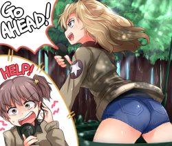 Rule 34 | !, &gt;:d, 10s, 2girls, :d, alisa (girls und panzer), blazer, blonde hair, blue eyes, blue shorts, bomber jacket, brown eyes, brown hair, dappled sunlight, denim, denim shorts, emblem, english text, eyebrows, fang, forest, girls und panzer, hair ornament, hand on headphones, headset, holding, jacket, kay (girls und panzer), kitayama miuki, light brown hair, long hair, long sleeves, microphone, military, military vehicle, motor vehicle, multiple girls, nature, open mouth, outdoors, profile, shade, short shorts, short twintails, shorts, smile, speech bubble, star (symbol), star hair ornament, star print, stitches, sunlight, sweatdrop, tank, tree, twintails, v-shaped eyebrows