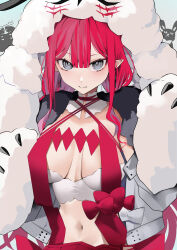 Rule 34 | 1girl, absurdres, baobhan sith (fate), baobhan sith (swimsuit pretender) (fate), blush, bow, breasts, cernunnos (fate), character hood, cleavage, closed mouth, detached collar, earrings, fate/grand order, fate (series), fur-trimmed jacket, fur trim, grey eyes, hands up, highres, jacket, jewelry, long hair, looking at viewer, low twintails, navel, pointy ears, red bow, red hair, red skirt, san (harutuki 3), sidelocks, skirt, solo, twintails, upper body, white background, white jacket