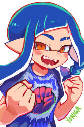 Rule 34 | 1girl, blue hair, blue shirt, blush, braid, clenched hands, eyebrow cut, fangs, highres, inkling, inkling girl, inkling player character, long hair, looking at viewer, nintendo, open mouth, orange eyes, pointy ears, shirt, short sleeves, side braid, signature, simple background, solo, splatoon (series), splatoon 3, t-shirt, tentacle hair, upper body, white background, yonaga story