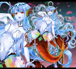 Rule 34 | 1girl, air bubble, akirannu, arm at side, blue gemstone, blue hair, bracelet, breasts, bubble, drop shadow, fang, fins, full body, gem, green gemstone, hand up, head chain, head fins, highres, jewelry, large breasts, letterboxed, long hair, looking at viewer, mermaid, microskirt, monster girl, navel, open mouth, orange gemstone, original, purple gemstone, red eyes, scales, see-through, see-through skirt, skirt, solo, teeth, upper teeth only, very long hair, white skirt, zoom layer