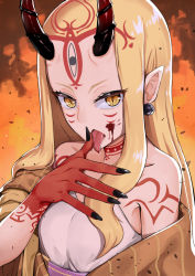 Rule 34 | 1girl, blonde hair, breasts, facial mark, fate/grand order, fate (series), hank10111213, horns, ibaraki douji (fate), long hair, looking at viewer, oni horns, open mouth, pointy ears, slit pupils, solo, tattoo, yellow eyes