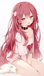 Rule 34 | 1girl, absurdres, between legs, black collar, blush, bow, cat, collar, commentary request, fusuma (ramunezake), hair between eyes, hair bow, hand between legs, heart, heart-shaped pupils, heart print, highres, long hair, looking at viewer, open mouth, original, pink eyes, red hair, shirt, simple background, sitting, solo, symbol-shaped pupils, v arms, very long hair, white background, white cat, white shirt