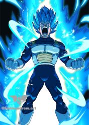 Rule 34 | 1boy, armor, aura, batm andrew, blue eyes, blue hair, blue theme, boots, clenched hands, commentary, commission, dragon ball, dragon ball super, energy, english commentary, gloves, highres, male focus, muscular, muscular male, saiyan armor, shouting, solo, spiked hair, super saiyan, super saiyan blue, teeth, vegeta, white footwear, white gloves, widow&#039;s peak
