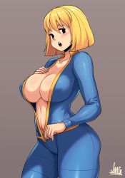 Rule 34 | 1girl, :o, artist name, blonde hair, blue jumpsuit, blush, breasts, brown background, cameltoe, cleavage, cleft of venus, covered erect nipples, fallout (series), fallout 4, highres, jmg, jumpsuit, large breasts, looking at viewer, medium hair, mob face, navel, nipples, solid oval eyes, undressing, unzipped, unzipping, vault girl, vault suit, zipper, zipper pull tab