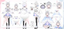 Rule 34 | 1girl, animal ear fluff, animal ears, asymmetrical legwear, bare shoulders, beret, black footwear, black socks, black thighhighs, blue capelet, blue hair, blue skirt, capelet, character sheet, closed mouth, copyright request, fang, fang out, glasses, grey hair, hat, highres, ittokyu, long hair, multicolored hair, multiple views, official art, pink hair, pleated skirt, round eyewear, sandals, shirt, single sock, single thighhigh, skirt, sleeveless, sleeveless shirt, smile, socks, tabi, tail, thighhighs, translation request, two-tone hair, virtual youtuber, white background, white hat, white shirt, white socks, zouri