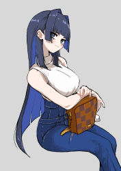 Rule 34 | 1girl, bag, blue eyes, blue hair, blunt bangs, blush, boros (ouro kronii), breasts, denim, ear piercing, handbag, highres, hololive, hololive english, jeans, long hair, medium breasts, multicolored hair, not nodu, official alternate costume, ouro kronii, ouro kronii (casual), pants, piercing, sitting, thighs, torn clothes, torn jeans, torn pants, two-tone hair, virtual youtuber