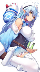 Rule 34 | 1girl, ahoge, bare shoulders, beret, blouse, blue bow, blue hair, blue jacket, blue scarf, blue skirt, bottle, bow, braid, breasts, brown eyes, center frills, closed mouth, commentary request, cup, daifuku (yukihana lamy), dutch angle, frilled skirt, frilled thighhighs, frills, fur-trimmed sleeves, fur trim, hair between eyes, half updo, hat, heart, heart ahoge, highres, hololive, jacket, large breasts, long hair, long sleeves, looking at viewer, off shoulder, open clothes, open jacket, plaid, plaid bow, plaid scarf, pointy ears, print skirt, ribbon-trimmed legwear, ribbon trim, sakazuki, scarf, shadow, shirt, sitting, skirt, sleeveless, sleeveless shirt, smile, snowflake print, solo, tatapopo, thighhighs, tokkuri, very long hair, virtual youtuber, wariza, white background, white hat, white shirt, white thighhighs, yukihana lamy