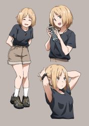 Rule 34 | 1girl, alternate costume, arm behind back, black shirt, blonde hair, blush, bottle, brown eyes, brown shorts, closed eyes, commentary request, cross, full body, girls&#039; frontline, grey background, highres, looking at viewer, mp40 (girls&#039; frontline), multiple views, open mouth, shirt, short hair, shorts, simple background, smile, t-shirt, triangle bullet, upper body