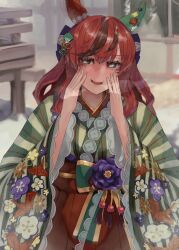 Rule 34 | 1girl, absurdres, animal ears, blurry, blurry background, blush, brown eyes, collarbone, commentary request, fidgeting, hair ornament, heavy breathing, highres, horse ears, horse girl, japanese clothes, kimono, long hair, looking at viewer, medium hair, nice nature (converging wishes) (umamusume), nice nature (umamusume), official alternate costume, official alternate hairstyle, open mouth, outdoors, red hair, shrine, solo, sparkle, tonariuta, umamusume