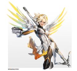 Rule 34 | 1girl, armor, black footwear, black gloves, blonde hair, blue eyes, bodysuit, boots, breastplate, breasts, brown pantyhose, copyright name, cowboy shot, cropped legs, crossed legs, eyelashes, faulds, finger on trigger, gloves, glowing, glowing wings, greaves, gun, halo, handgun, headgear, high ponytail, highres, holding, holding gun, holding staff, holding weapon, honey bee (bancoth), knee boots, knee pads, legs together, loincloth, long sleeves, looking at viewer, mechanical halo, mechanical wings, medium breasts, mercy (overwatch), overwatch, overwatch 1, pantyhose, parted lips, pelvic curtain, pistol, ponytail, short ponytail, skin tight, solo, spread wings, staff, teeth, weapon, weapon on back, wing print, wings, yellow wings