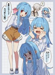 &gt;_&lt; 1boy 1girl :d arms_behind_back artist_name bare_legs belt blue_hair blunt_bangs blush border bow braid brown_belt brown_shorts collared_shirt corn_kuten dot_nose full_body grey_border grey_hair grid_background hair_bow hands_on_own_cheeks hands_on_own_face high-waist_shorts iori_yuzuru kotonoha_aoi layered_clothes leaning_to_the_side long_bangs long_hair long_sleeves looking_at_another looking_at_viewer multiple_views neck_ribbon one_eye_closed open_mouth pink_bow profile red_eyes ribbon shirt shoes shorts side_braid simple_background smile straight_hair sweat translation_request twitter_username v-shaped_eyebrows v_over_eye voiceroid white_background white_footwear white_ribbon white_shirt