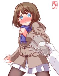 Rule 34 | 10s, 1boy, 1girl, 2017, admiral (kancolle), alternate costume, black pantyhose, blue eyes, blush, brown hair, casual, coat, commentary request, dated, full-face blush, gloves, hair ornament, highres, holding, kanon (kurogane knights), kantai collection, long sleeves, maya (kancolle), money, pantyhose, pleated skirt, pov, pov hands, scarf, short hair, simple background, sketch, skirt, surprised, sweat, trembling, white background, white gloves, white skirt, winter clothes, winter coat, x hair ornament