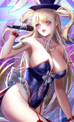 Rule 34 | 1girl, absurdres, animal ears, azur lane, blonde hair, blue leotard, breasts, cleavage, fake animal ears, gloves, guam (azur lane), guam (stage-setting charmer) (azur lane), hat, highres, holding, holding microphone, kirisamede gzr, large breasts, leotard, long hair, looking at viewer, microphone, official alternate costume, open mouth, playboy bunny, rabbit ears, smile, solo, star-shaped pupils, star (symbol), symbol-shaped pupils, top hat, very long hair, white gloves