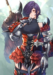 Rule 34 | 1girl, armor, armored boots, boots, breasts, capcom, commentary request, cowboy shot, faulds, gauntlets, greatsword, hair over one eye, unworn headwear, helmet, unworn helmet, highres, medium breasts, mikan (chipstar182), monster hunter (series), original, purple hair, rathalos (armor), red eyes, short hair, skindentation, solo, standing, sweat, sword, thigh boots, thighhighs, weapon, weapon on back